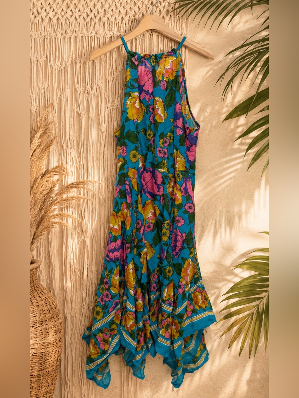 Anthropologie Lilka Floral Handkerchief Hem Halter Dress XS Boho Tropical